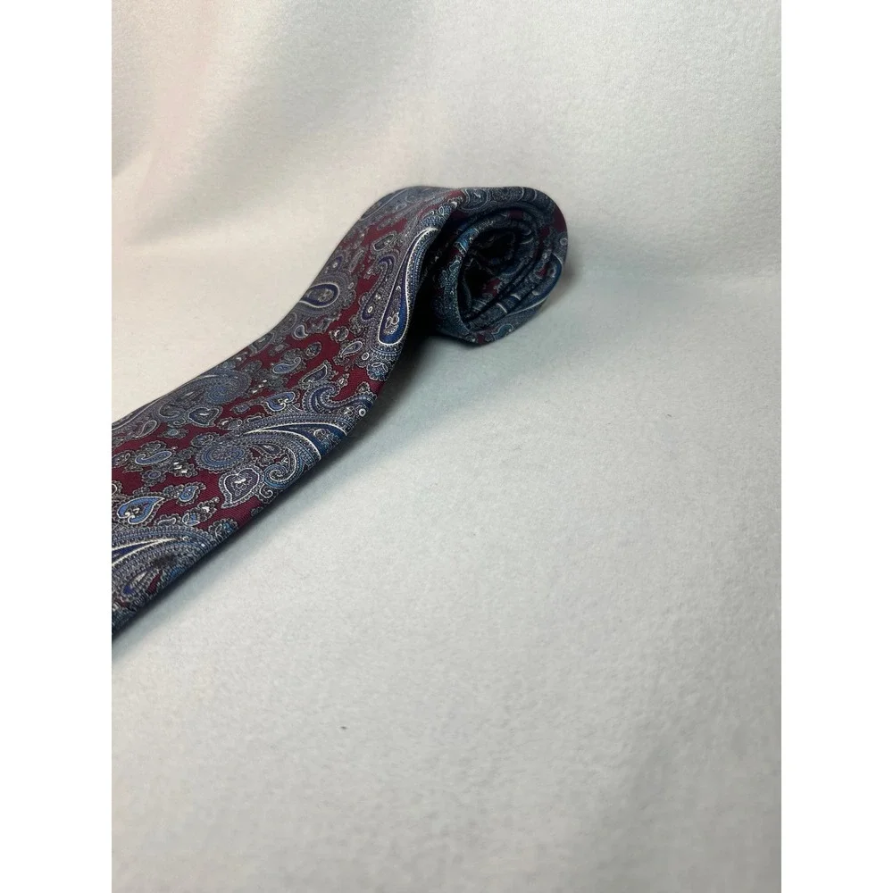 Bert‎ Pulitzer Mens Silk Paisley Tie Burgundy Blue Silver Made in USA Classic